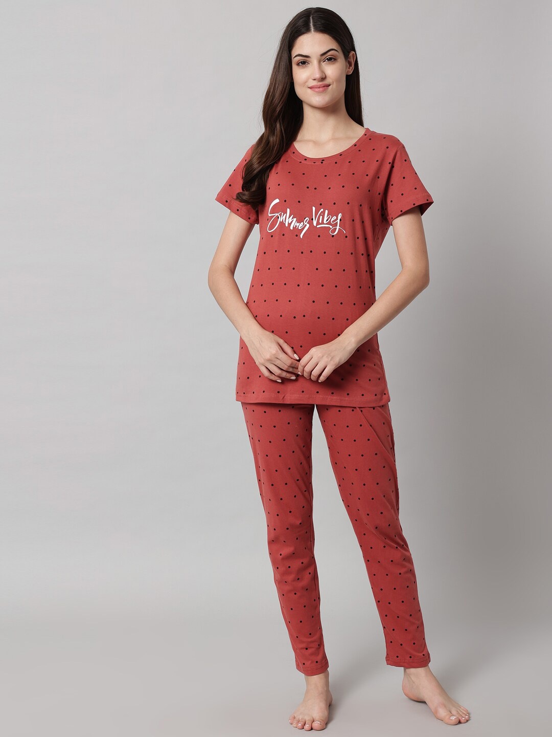 

SEPHANI Polka Dots Printed Pure Cotton Night Suit, Rust