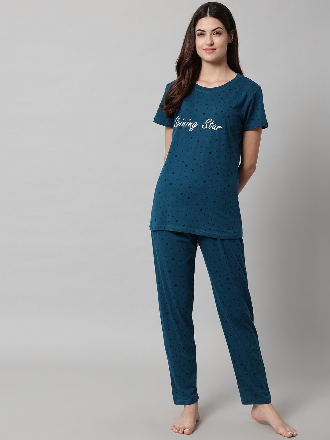 

SEPHANI Typography Printed Pure Cotton Night Suit, Teal