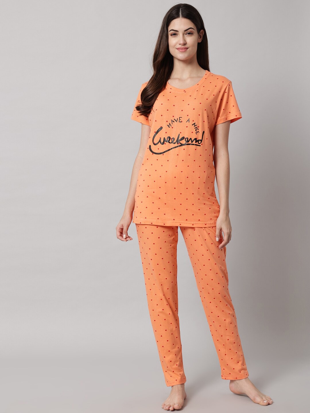 

SEPHANI Conversational Printed Pure Cotton Night Suit, Peach
