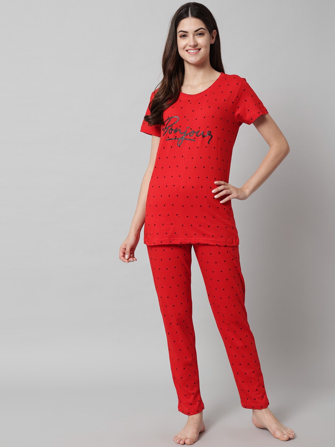

SEPHANI Polka Dots Printed Pure Cotton Night Suit, Red