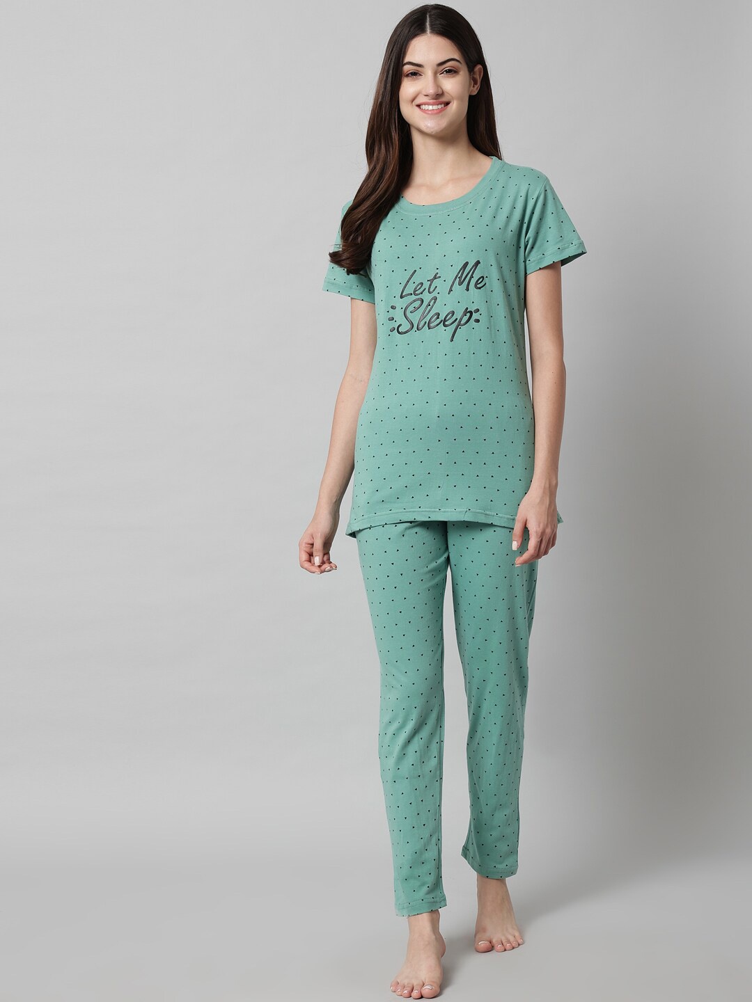 

SEPHANI Polka Dots Printed Pure Cotton Night Suit, Green