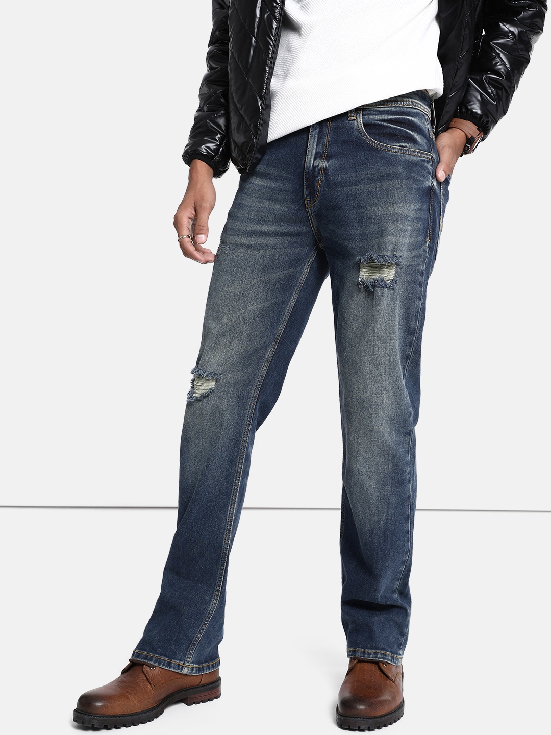 

The Roadster Life Co. Men Bootcut Highly Distressed Light Fade Stretchable Casual Jeans, Blue