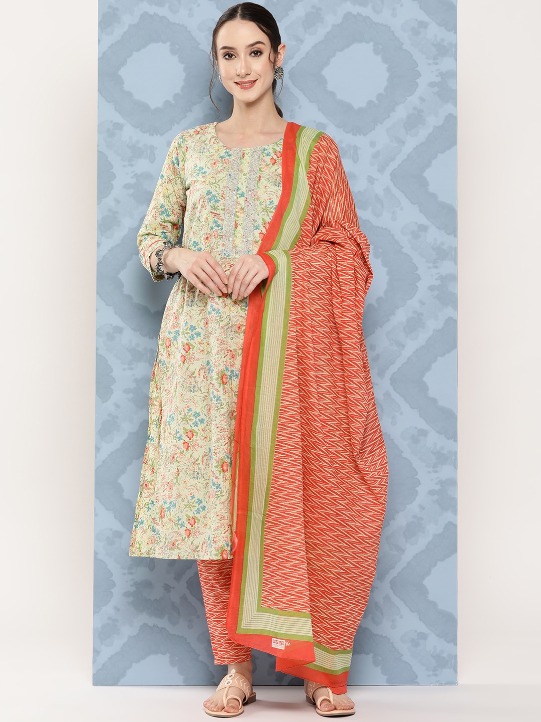 

Yufta Floral Printed Pure Cotton Kurta With Trousers & With Dupatta, Sea green
