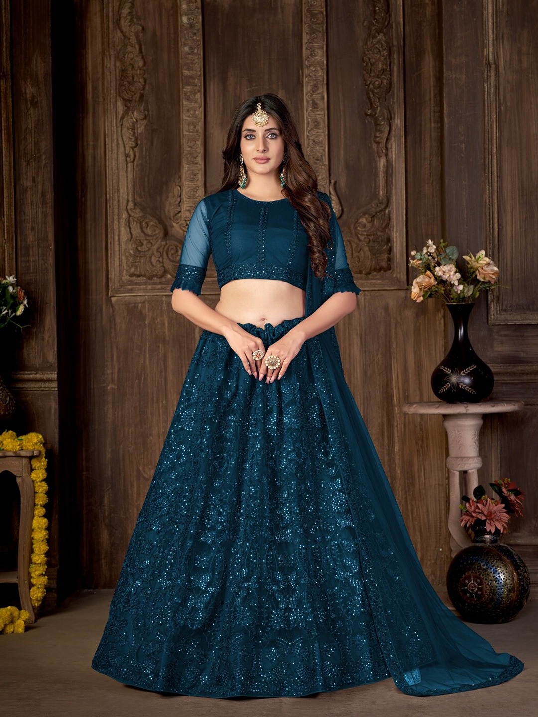 

Pandadi Saree Embroidered Sequinned Semi-Stitched Lehenga & Blouse With Dupatta, Teal