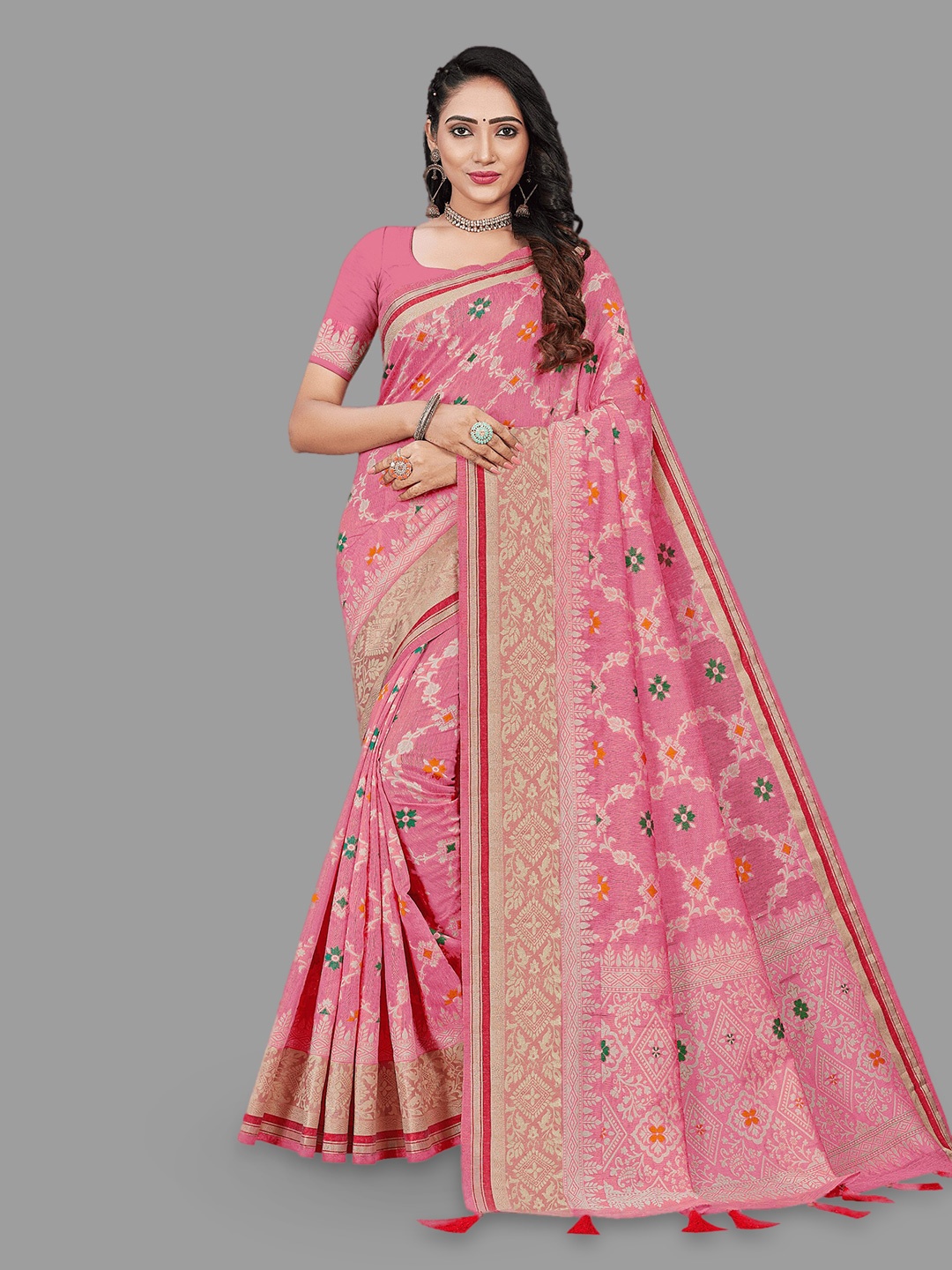 

HASRI Floral Motifs Woven Design Zari Silk Saree, Pink