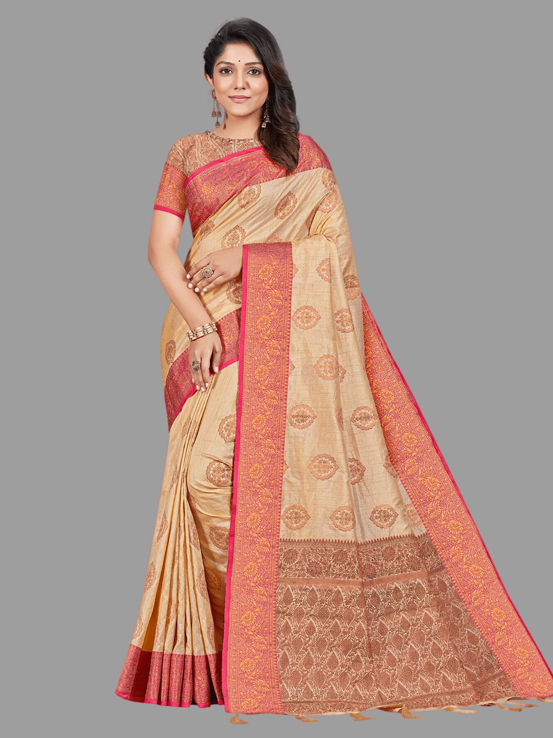 

HASRI Ethnic Motifs Woven Design Zari Banarasi Silk Saree, Beige