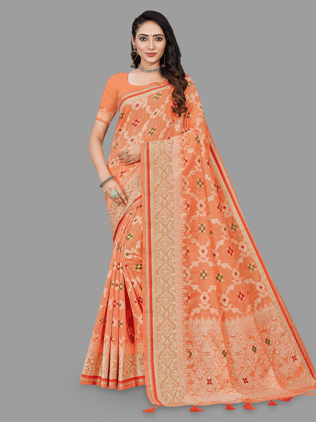 

HASRI Floral Motifs Woven Design Zari Silk Saree, Orange