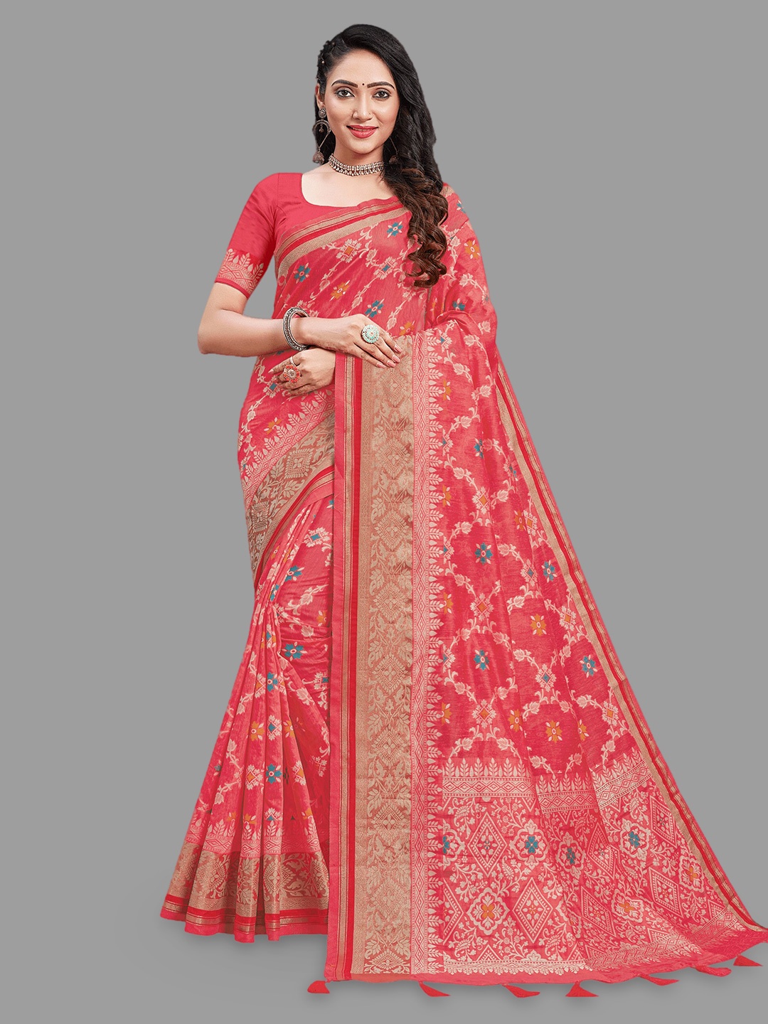 

HASRI Red & Gold-Toned Ethnic Motifs Zari Art Silk Banarasi Saree