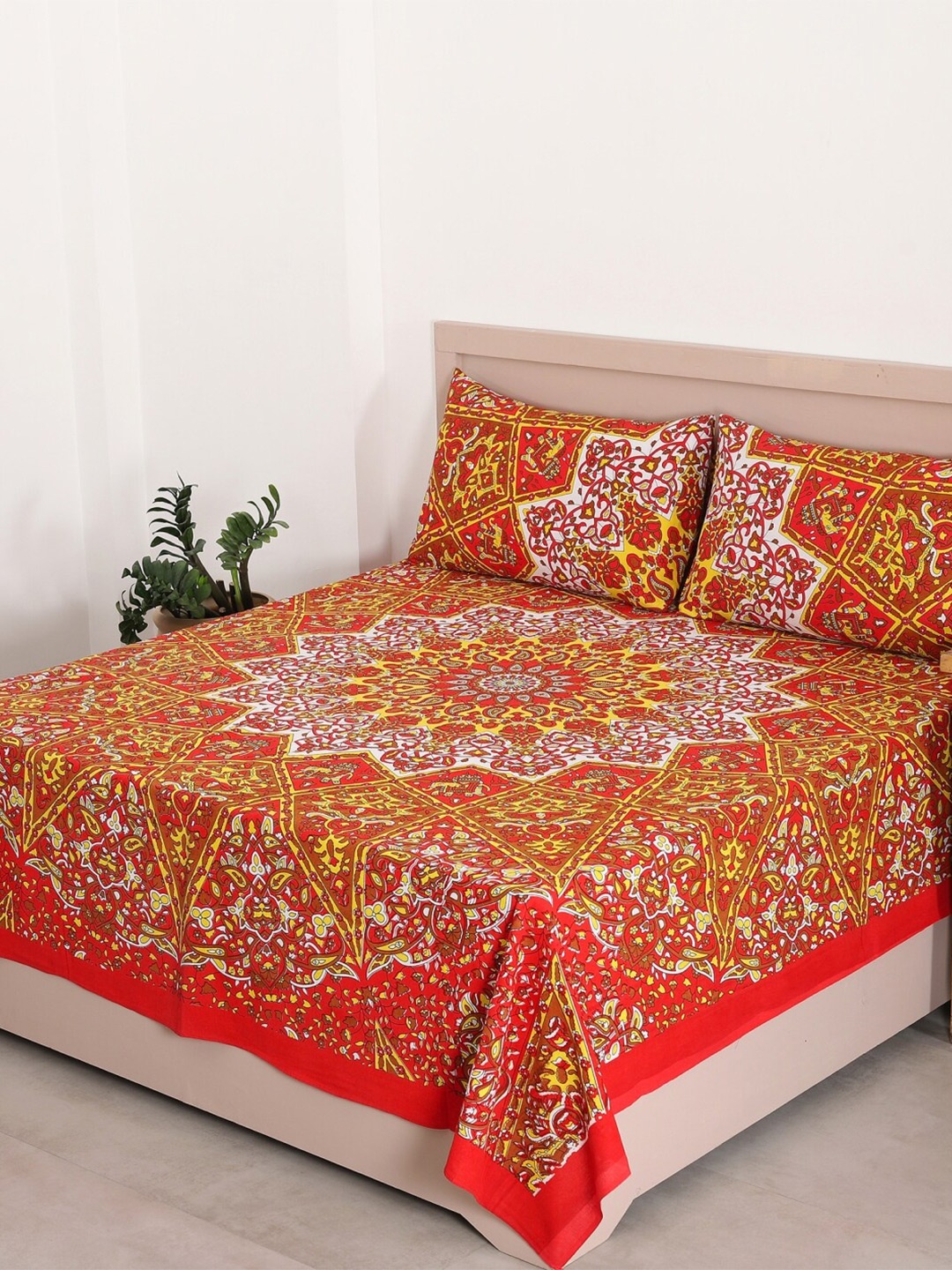 

HANDICRAFT PALACE Red & Yellow Printed Cotton 144 TC Queen Bedsheet With 2 Pillow Covers