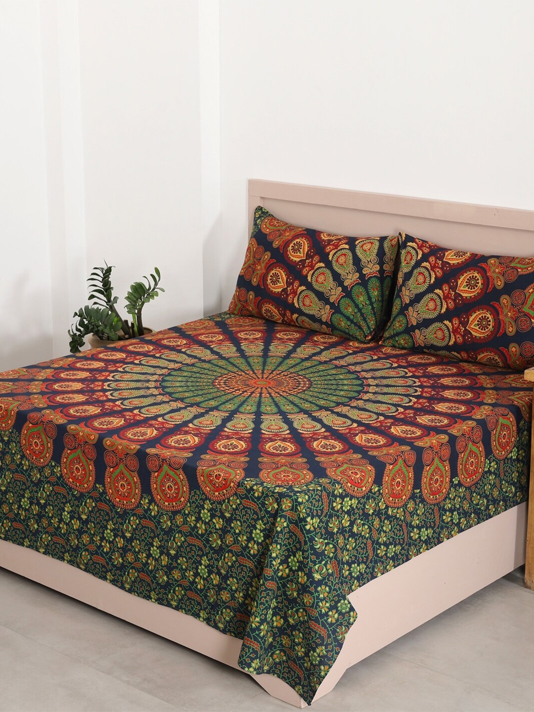 

HANDICRAFT PALACE Green & Orange Printed Cotton 144 TC Queen Bedsheet With 2 Pillow Covers