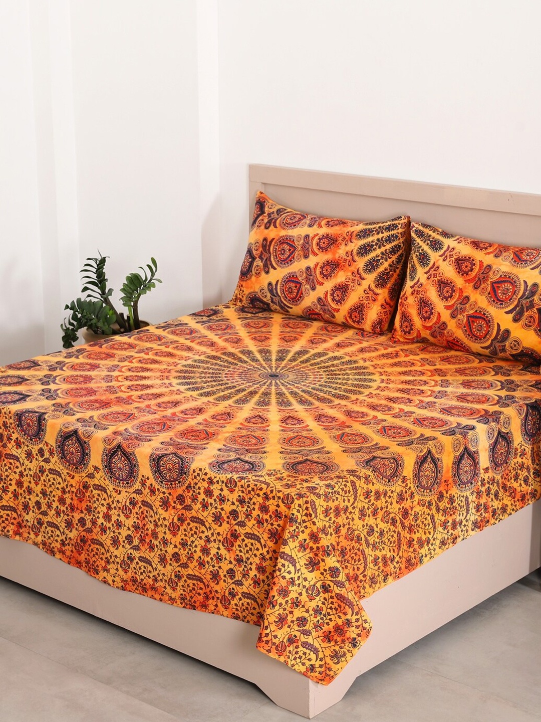 

HANDICRAFT PALACE Orange Printed Cotton 144 TC Queen Bedsheet With 2 Pillow Covers