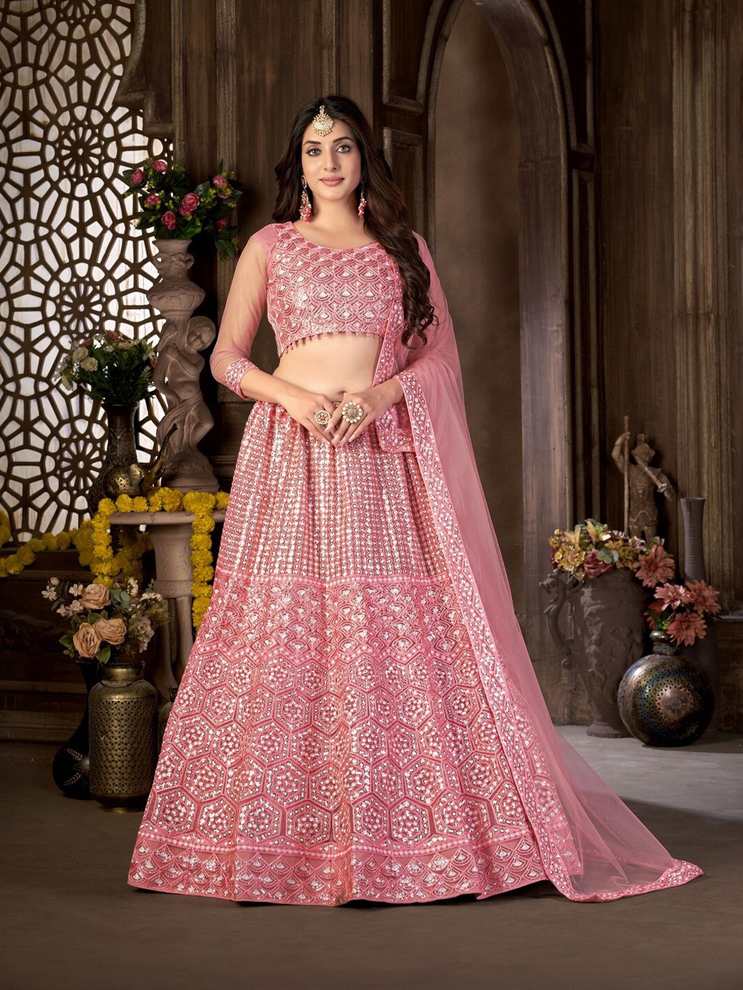 

Pandadi Saree Embellished Sequinned Semi-Stitched Lehenga & Blouse With Dupatta, Pink