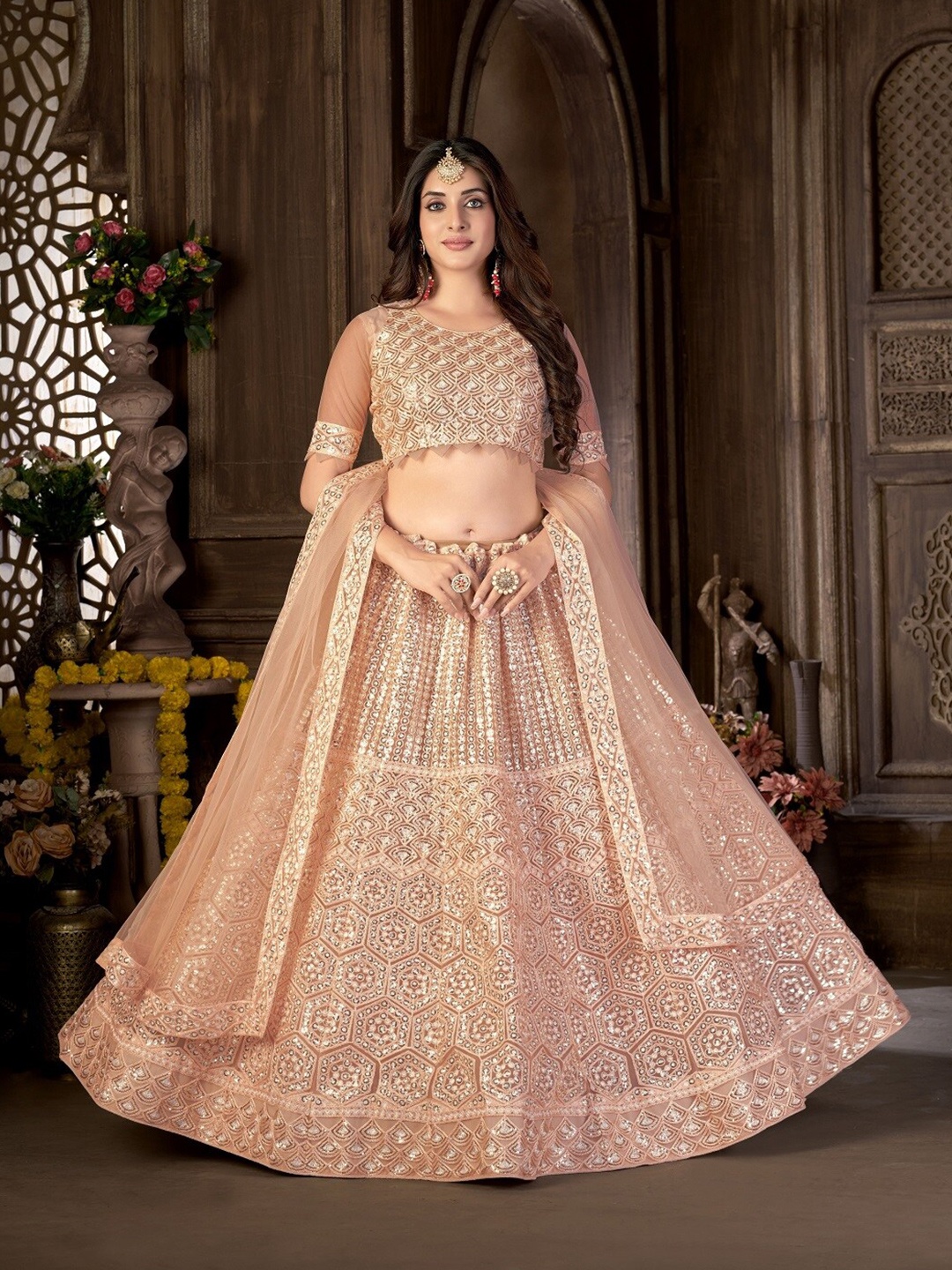 

Pandadi Saree Embroidered Sequinned Semi-Stitched Lehenga & Blouse With Dupatta, Peach