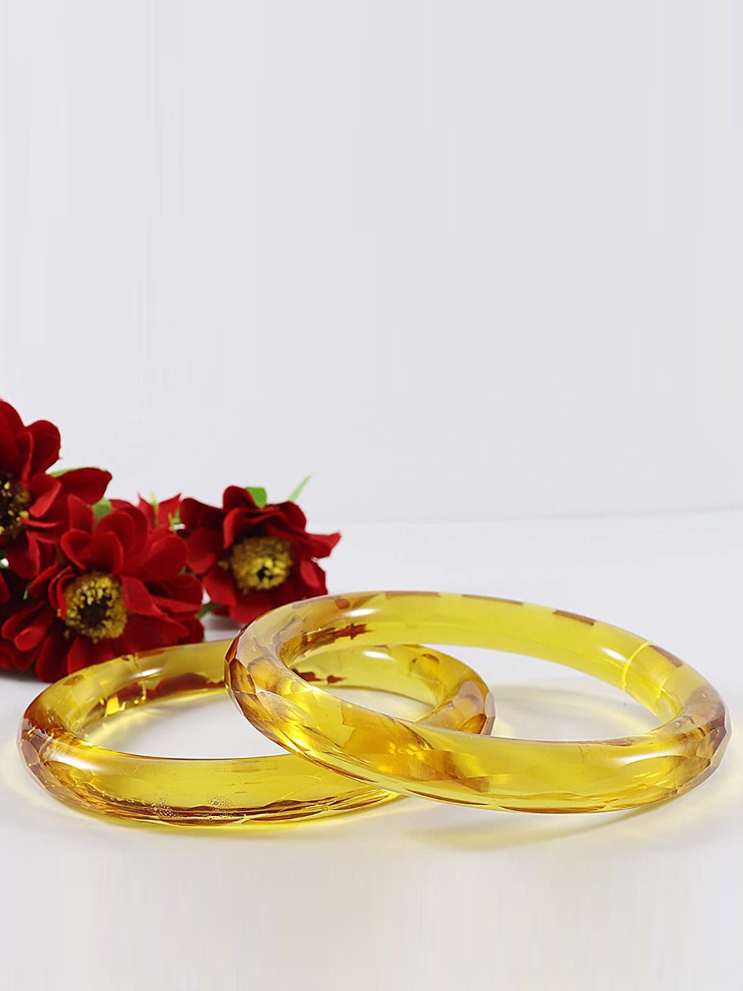 

NMII Set Of 2 Diamond Pattern Glossy Finished Kada Bangles, Yellow