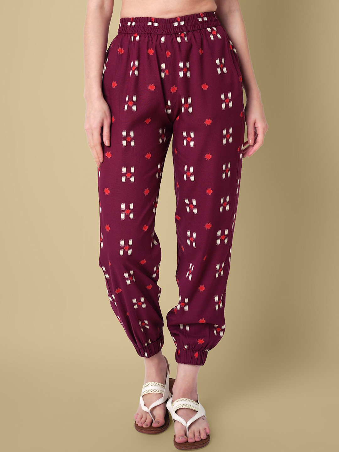 

DAEVISH Women Floral Printed Relaxed Easy Wash Joggers, Maroon