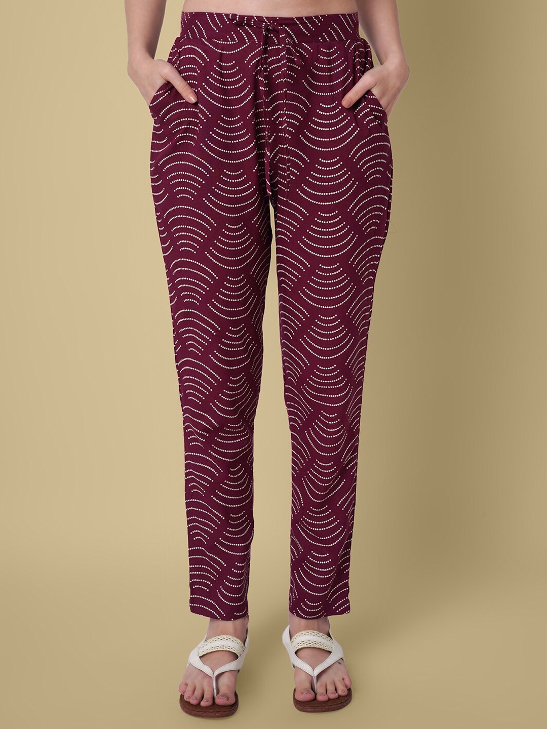 

DAEVISH Women Abstract Printed Relaxed Mid-Rise Easy Wash Trouser, Maroon