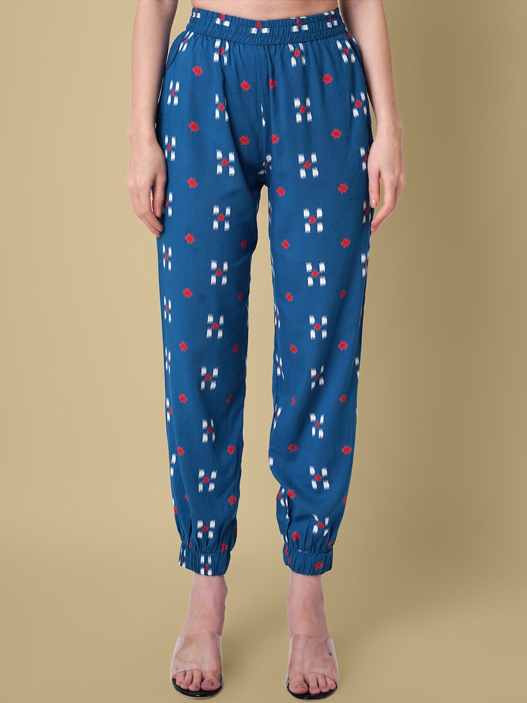 

DAEVISH Women Floral Printed Relaxed Easy Wash Joggers, Blue