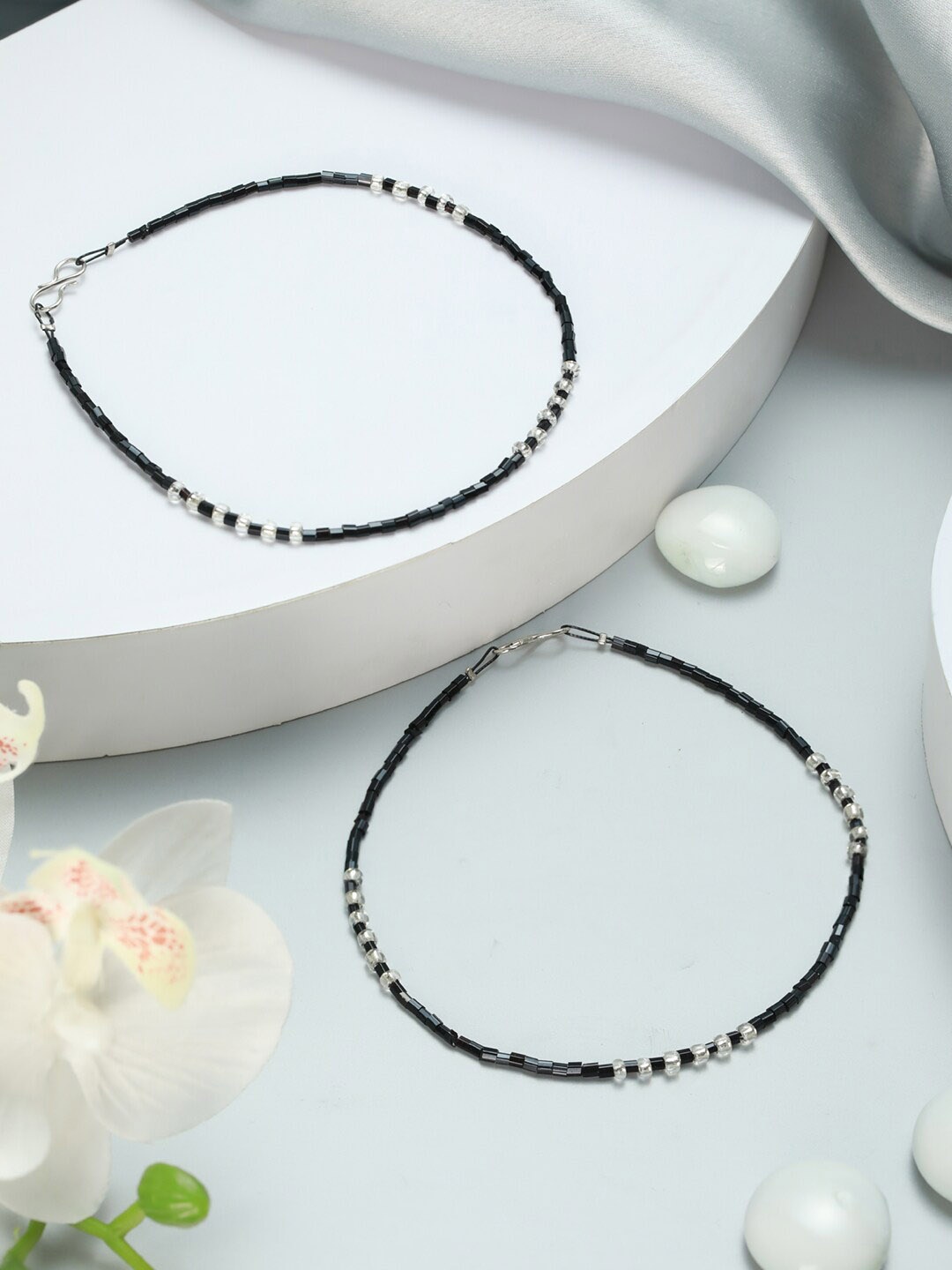

Jazz and Sizzle Silver-Plated Beaded Anklets, Black
