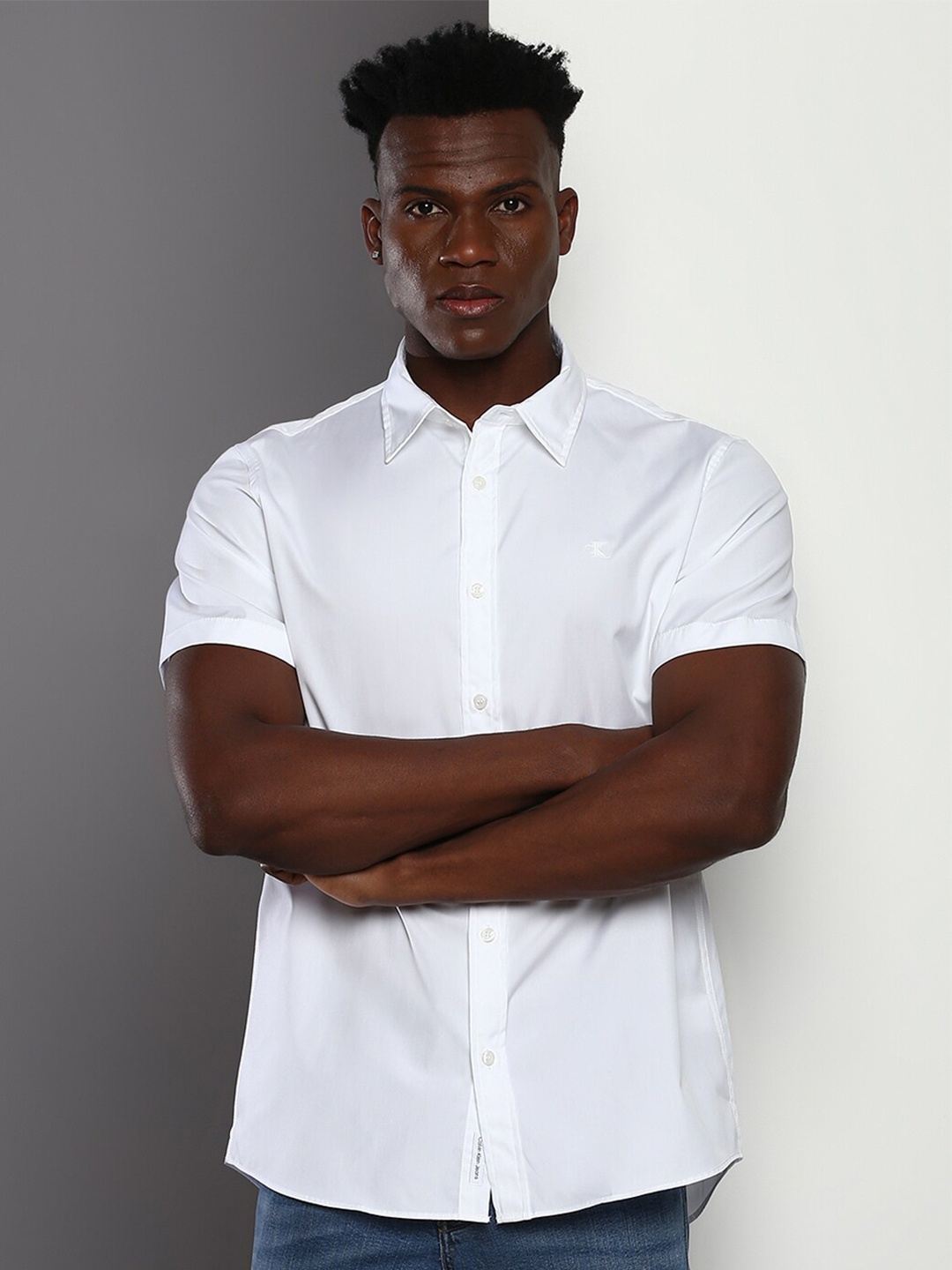 

Calvin Klein Jeans Spread Collar Short Sleeves Pure Cotton Casual Shirt, White