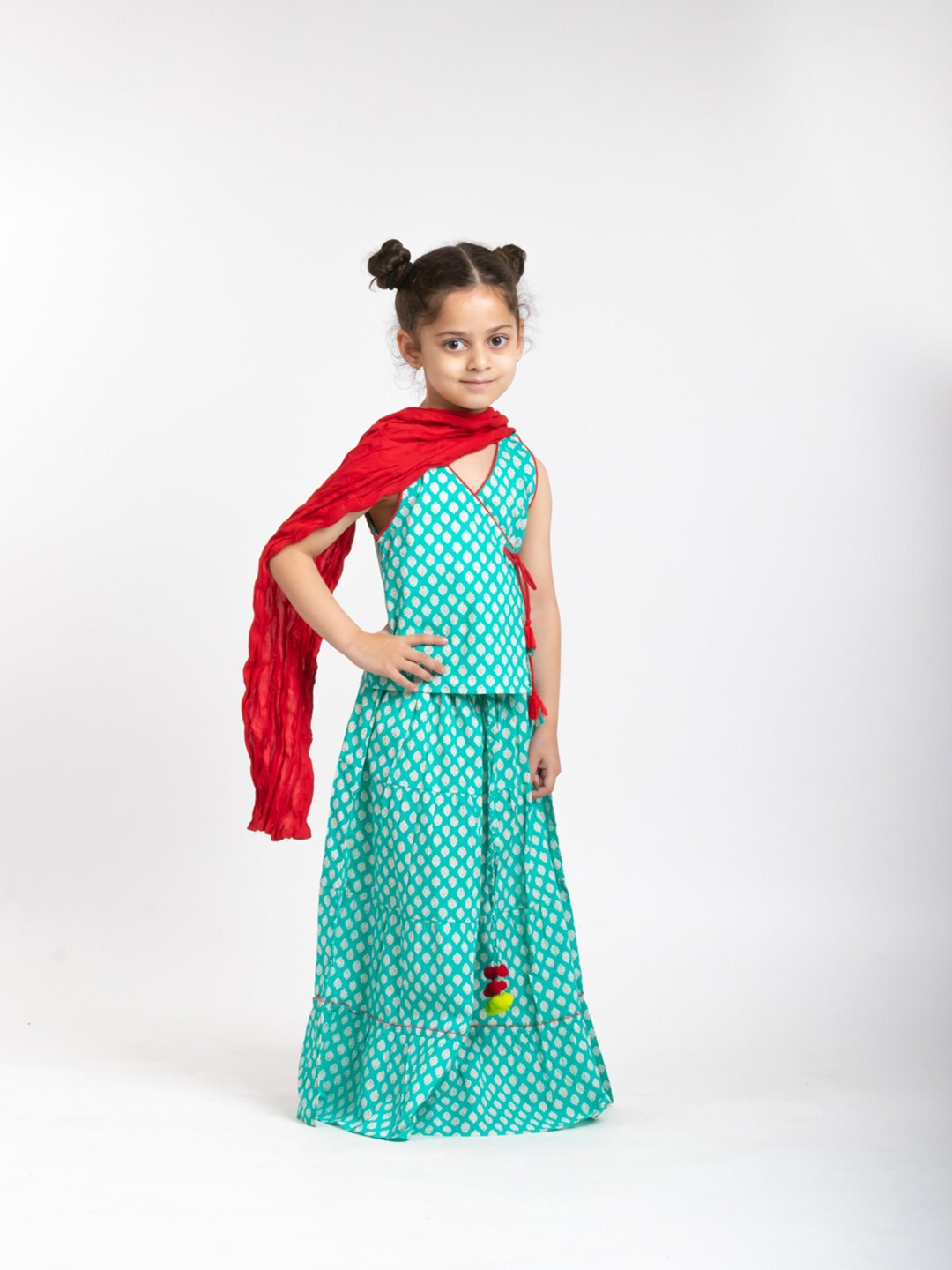 

My Little Lambs Girls Printed Block Print Ready to Wear Lehenga & Blouse With Dupatta, Sea green