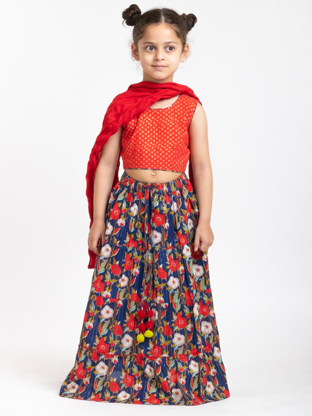 

My Little Lambs Girls Printed Block Print Ready to Wear Lehenga & Blouse With Dupatta, Red