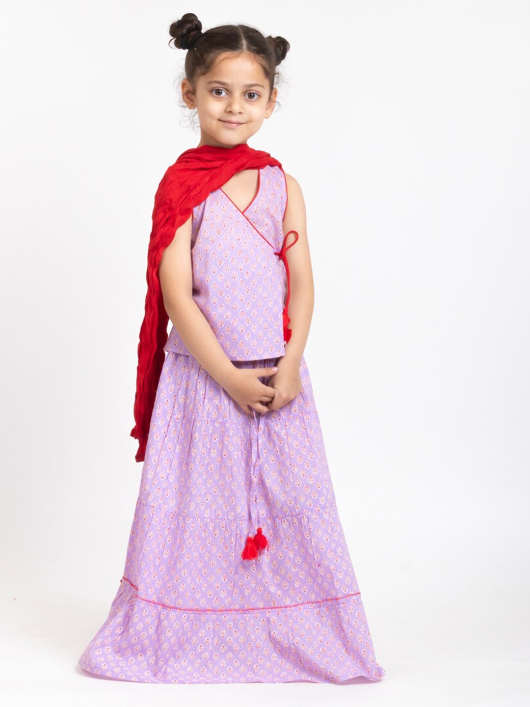 

My Little Lambs Girls Printed Block Print Ready to Wear Lehenga & Blouse With Dupatta, Purple