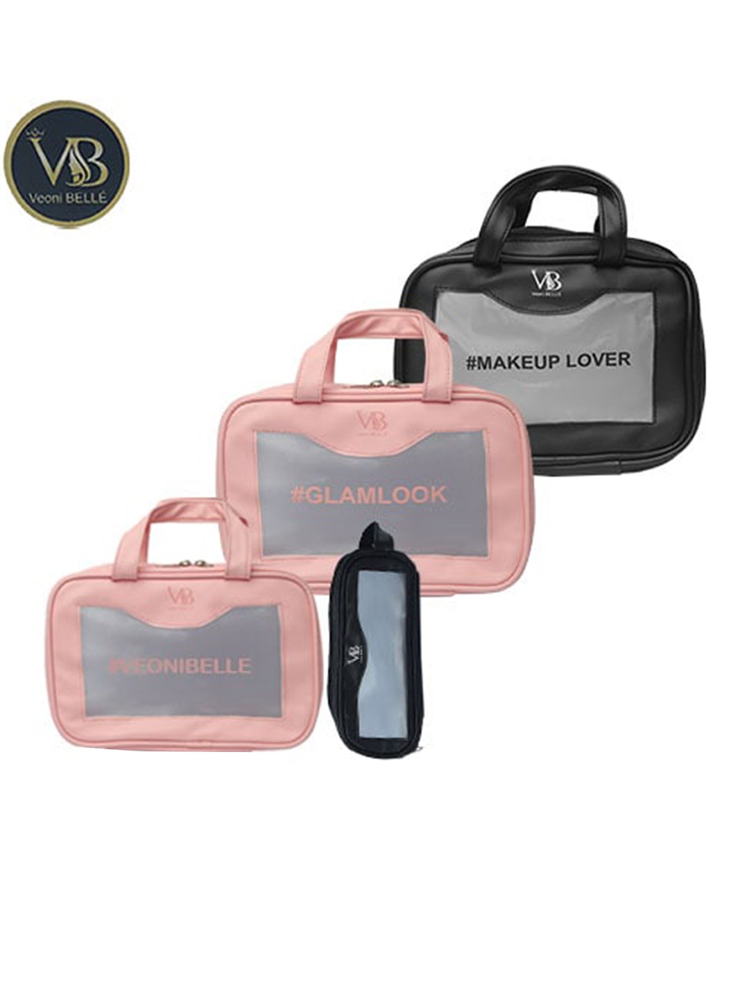 

Veoni BELLE Black & Pink 4-Pcs Typography Printed Waterproof Makeup Organizer Bags