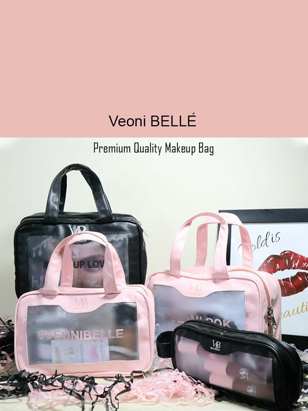 

Veoni BELLE Pink Printed PVC Water Resistant Makeup Organiser Pouch