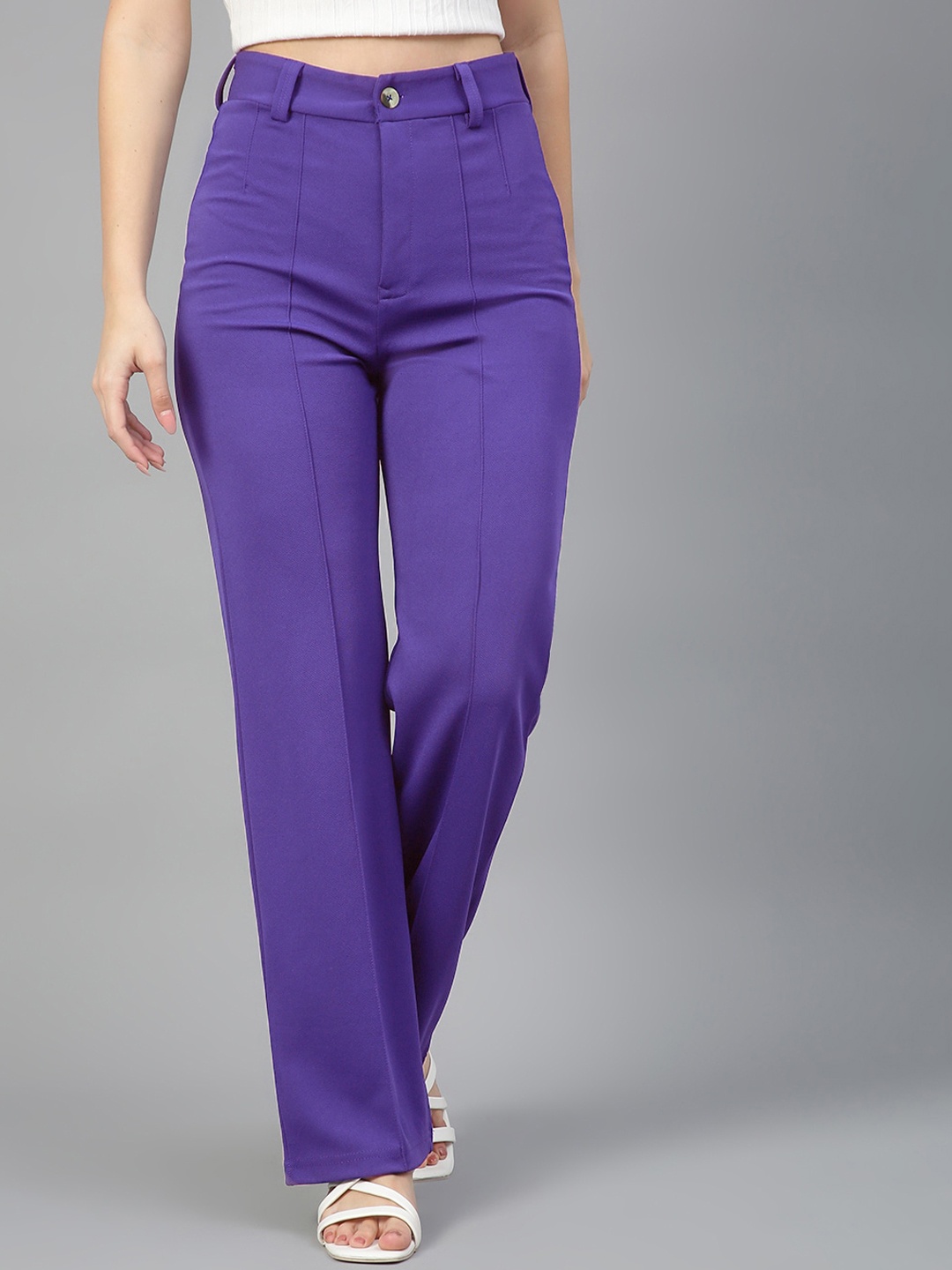 

KOTTY BIZwear Women Relaxed Straight Leg High-Rise Straight Fit Easy Wash Trousers, Purple