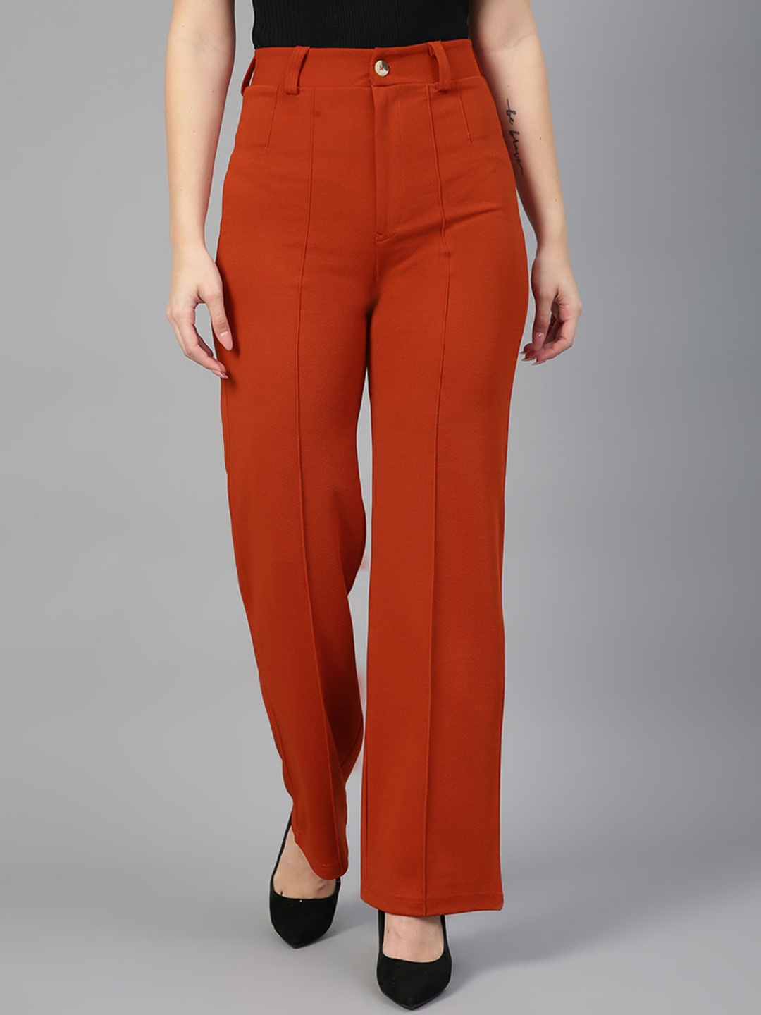 

KOTTY BIZwear Women Relaxed Straight Leg Straight Fit High-Rise Easy Wash Trousers, Rust