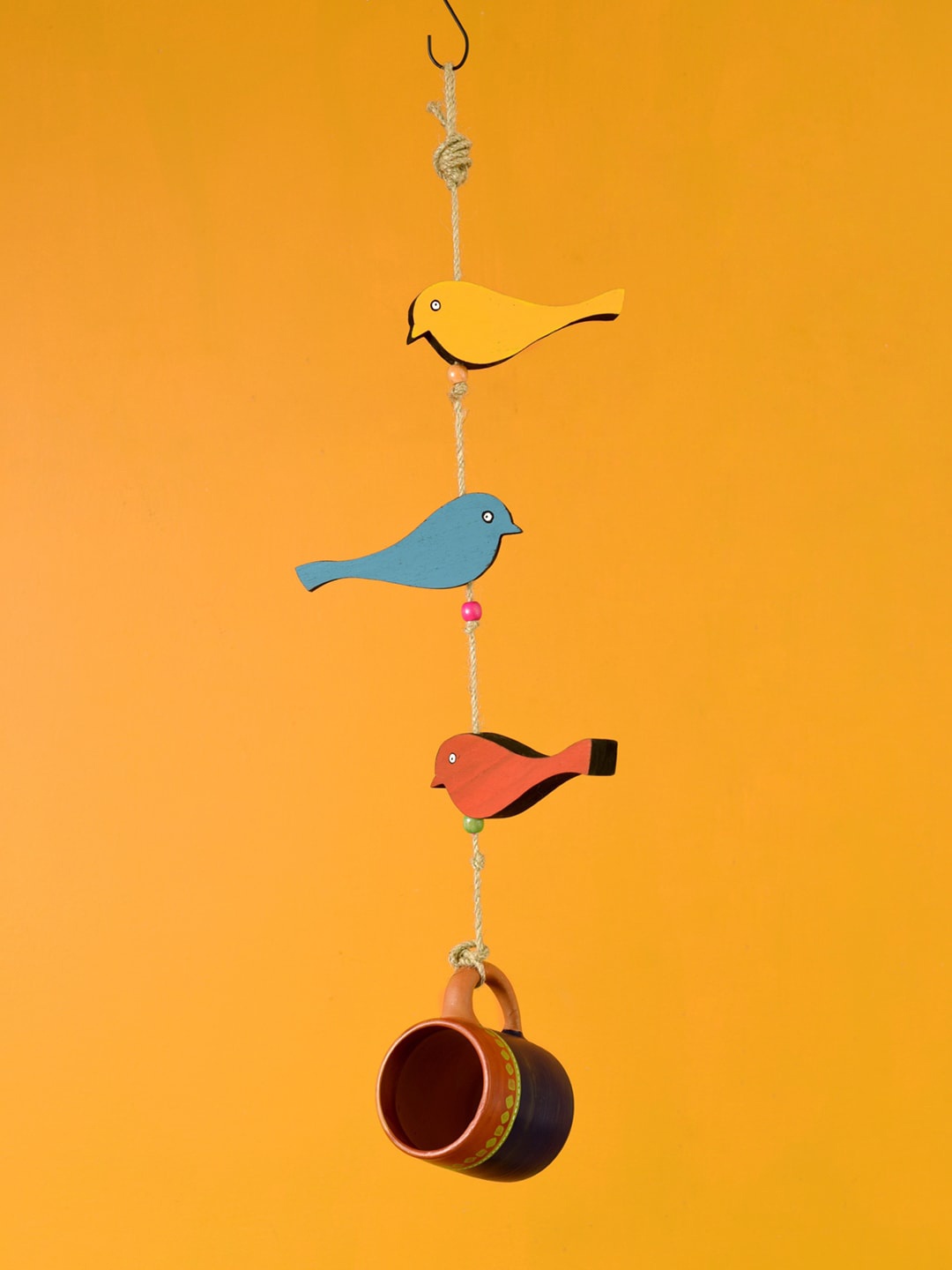 

AAKRITI ART CREATIONS Blue & Yellow Bird Feeder With Metal Bell Windchimes