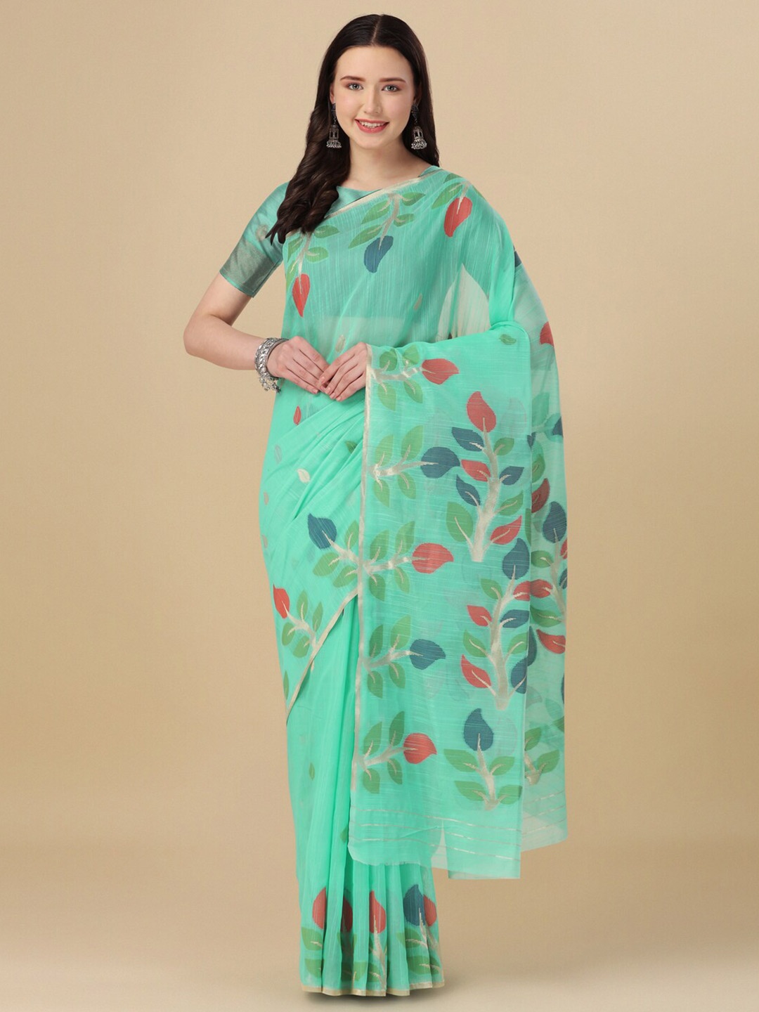 

elora Sea Floral Motif Woven Design Cotton Saree, Sea green