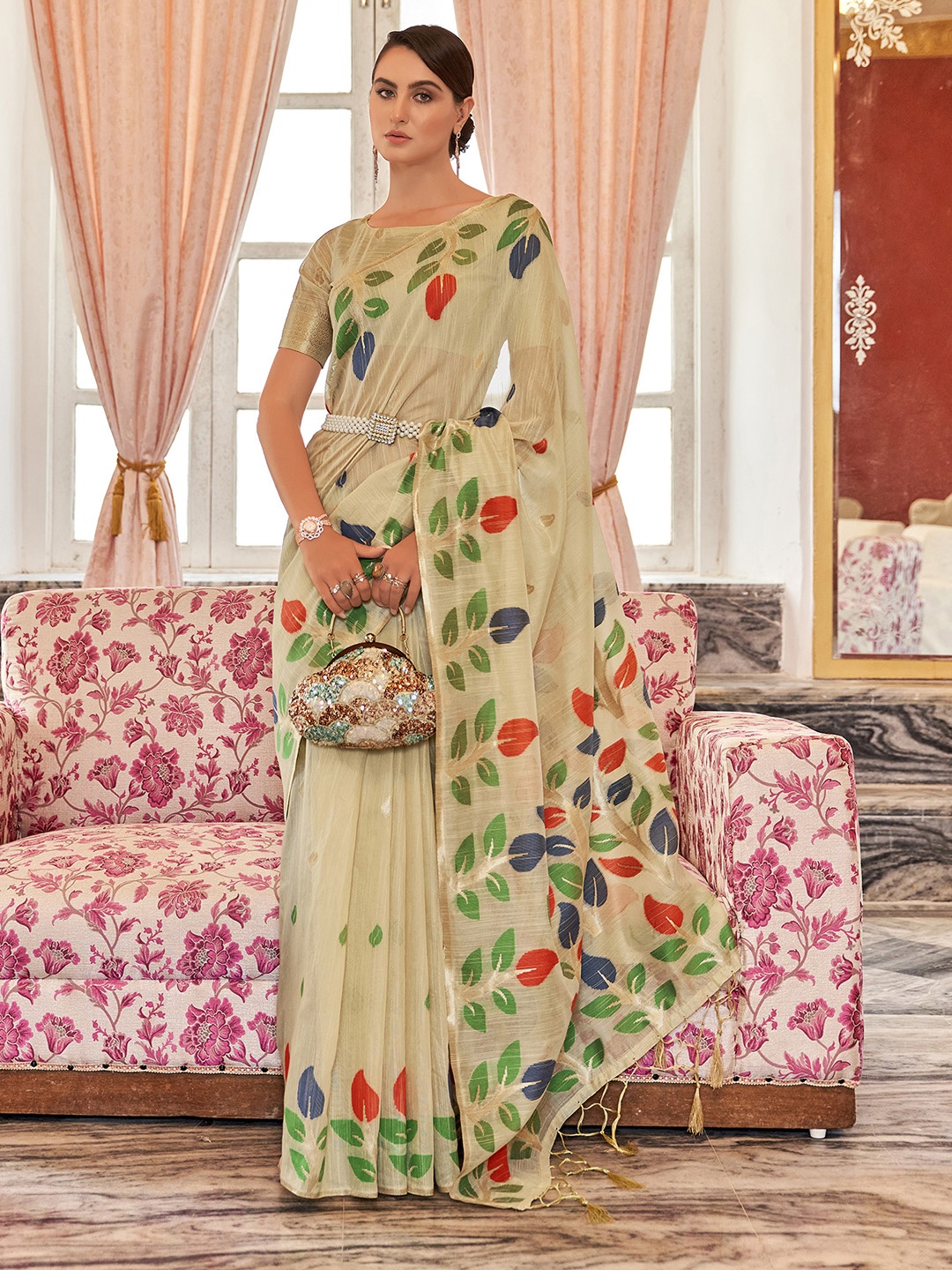 

elora Floral Printed Pure Cotton Bhagalpuri Saree, Cream