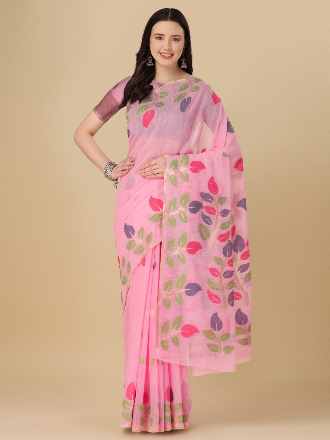 

elora Floral Motif Woven Design Cotton Saree, Pink