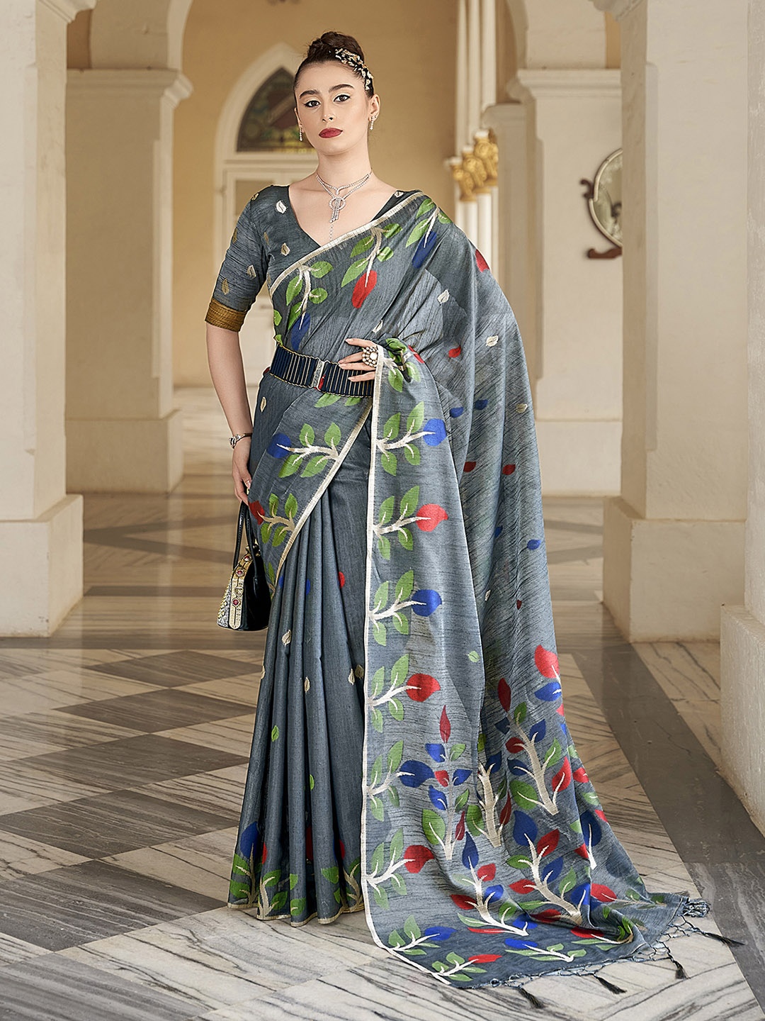 

elora Floral Motif Woven Design Cotton Saree, Navy blue