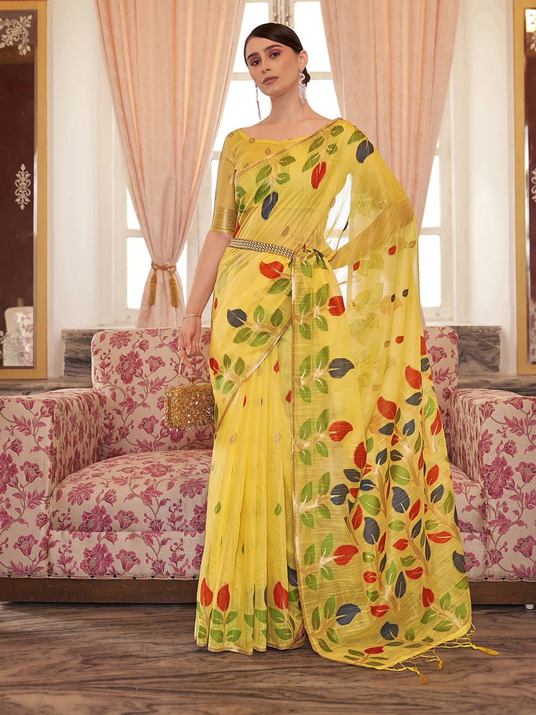 

elora Floral Motif Woven Design Cotton Saree, Yellow