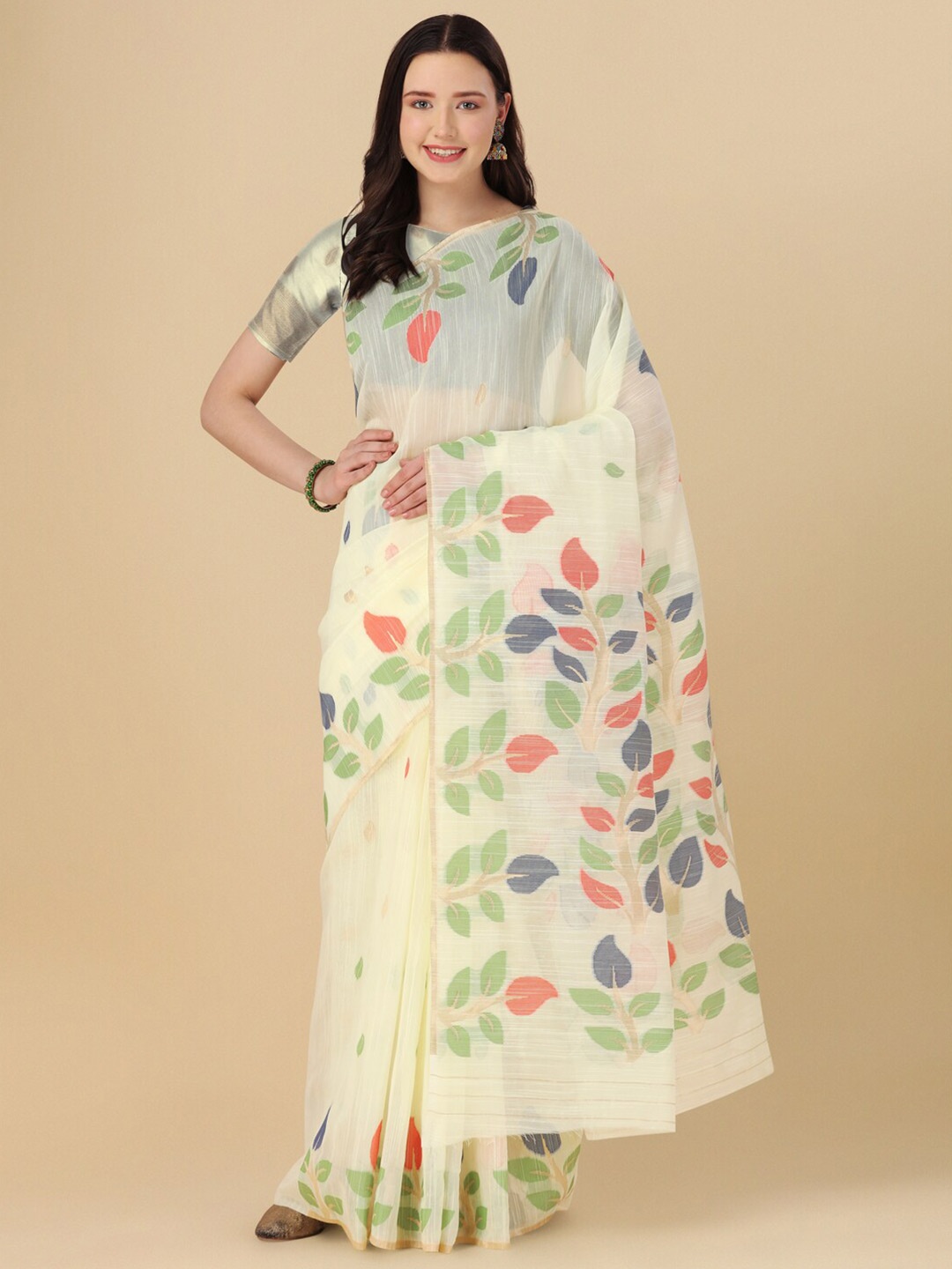 

elora Floral Motif Woven Design Cotton Saree, Off white