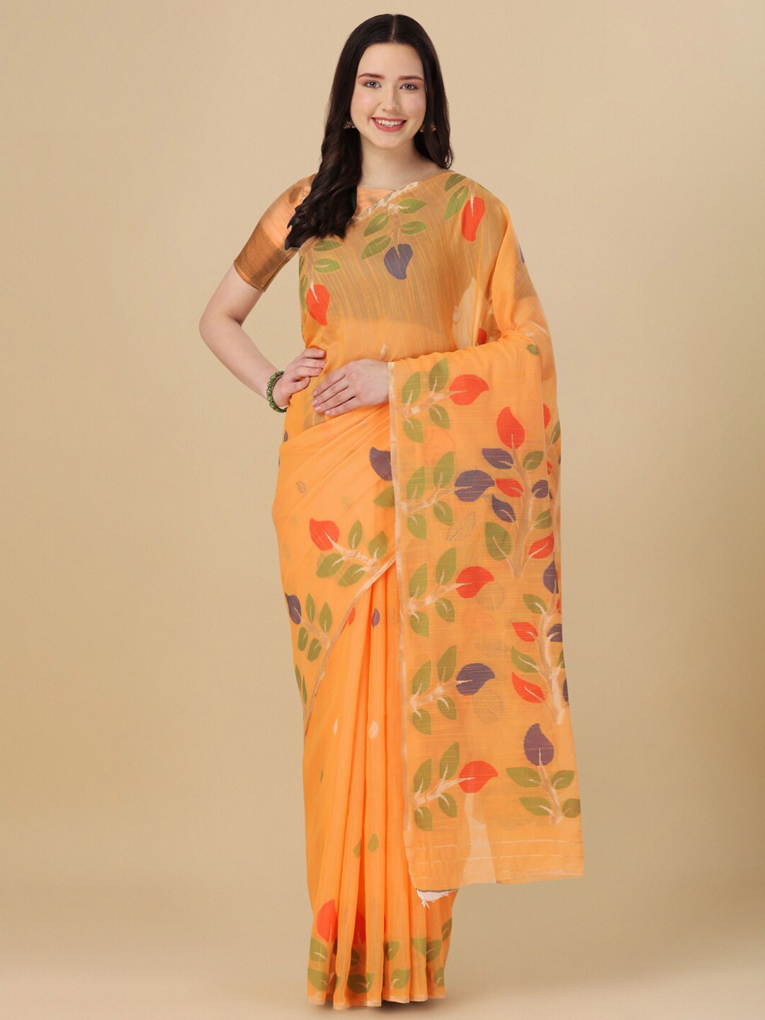 

elora Floral Motif Woven Design Cotton Saree, Orange