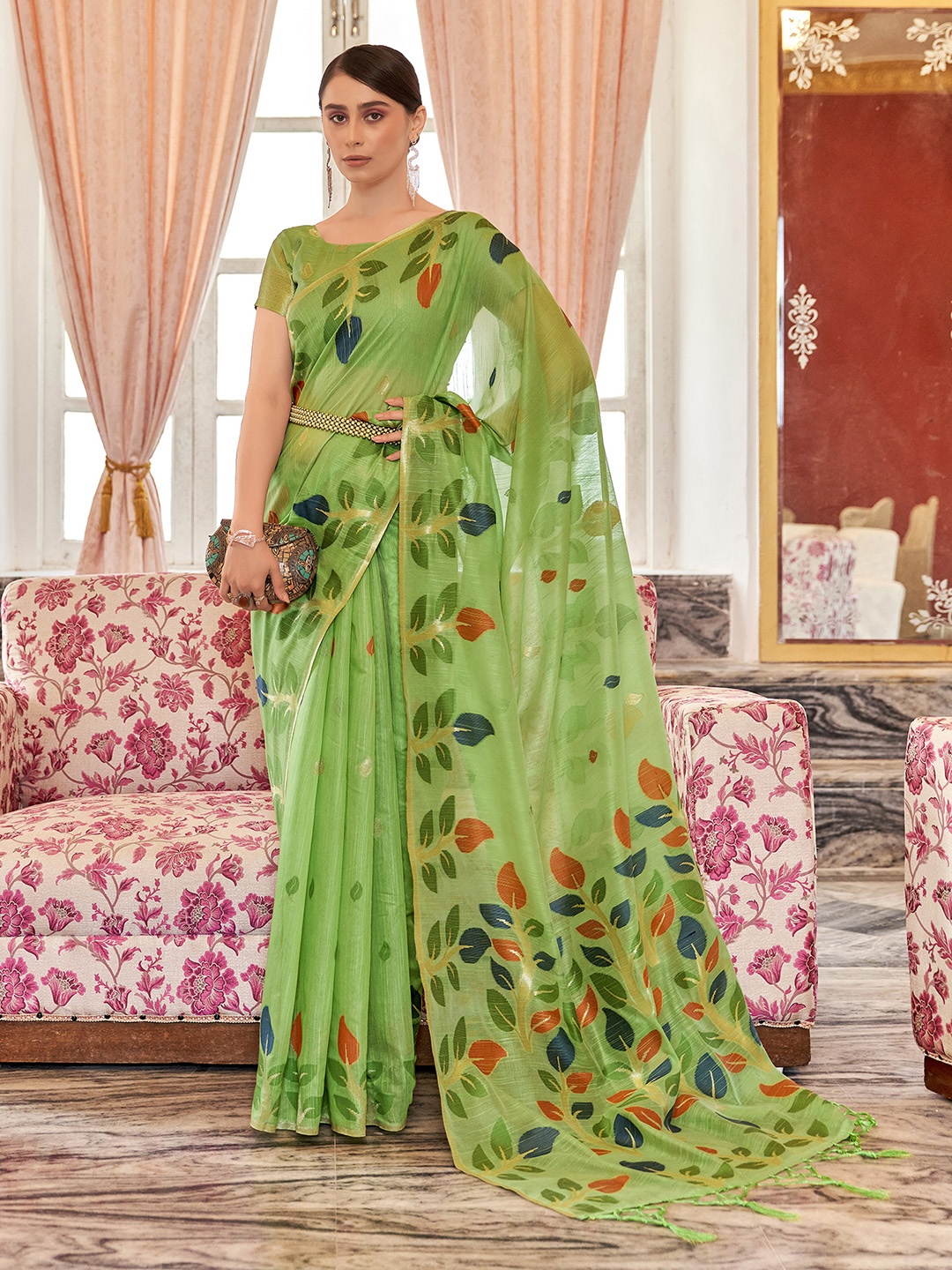 

elora Floral Motif Woven Design Cotton Saree, Green