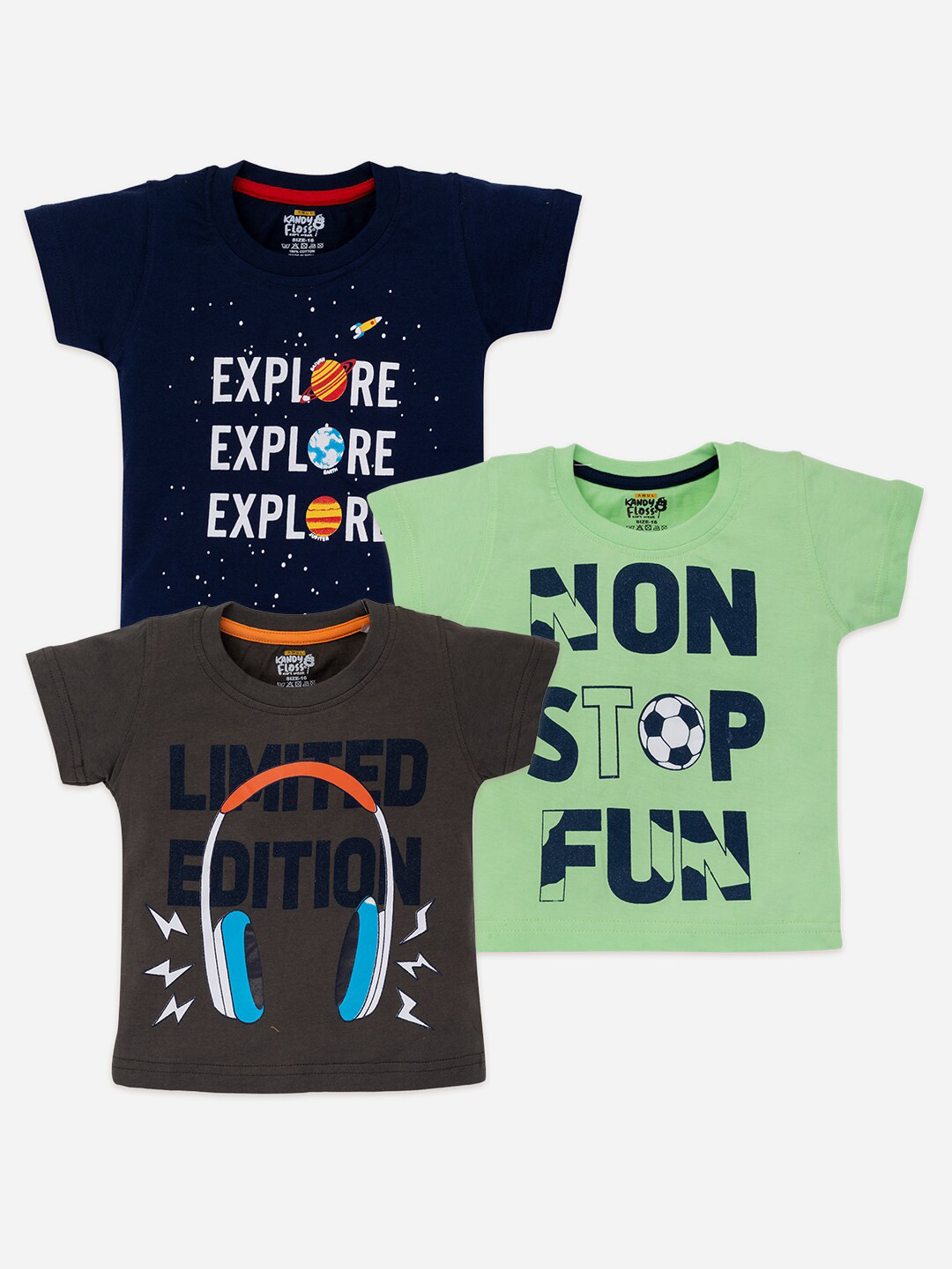 

AMUL Kandyfloss Boys Pack Of 3 Typography Printed Pure Cotton T-shirt, Navy blue