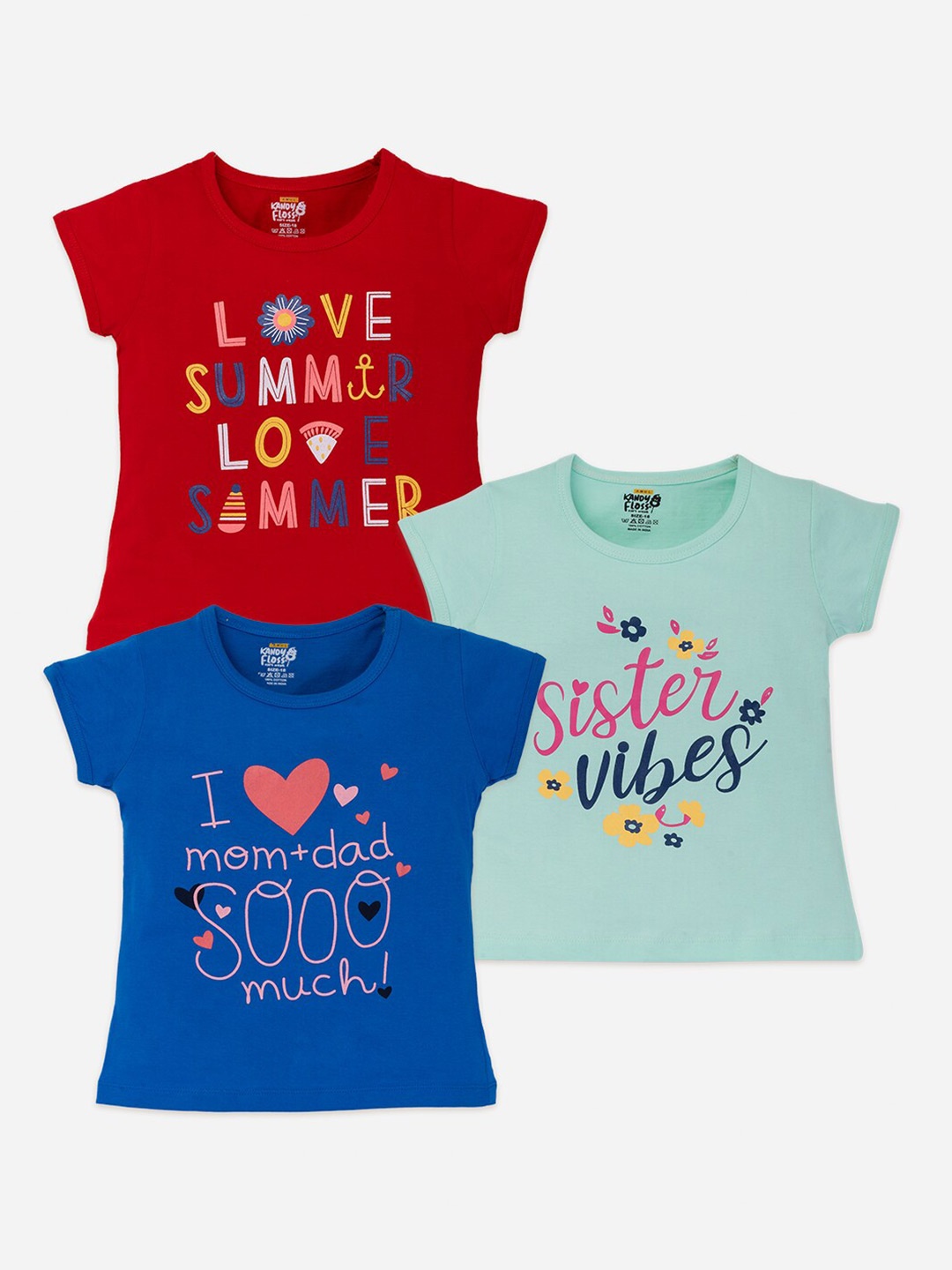 

AMUL Kandyfloss Girls Pack Of 3 Typography Printed Pure Cotton T-shirt, Red
