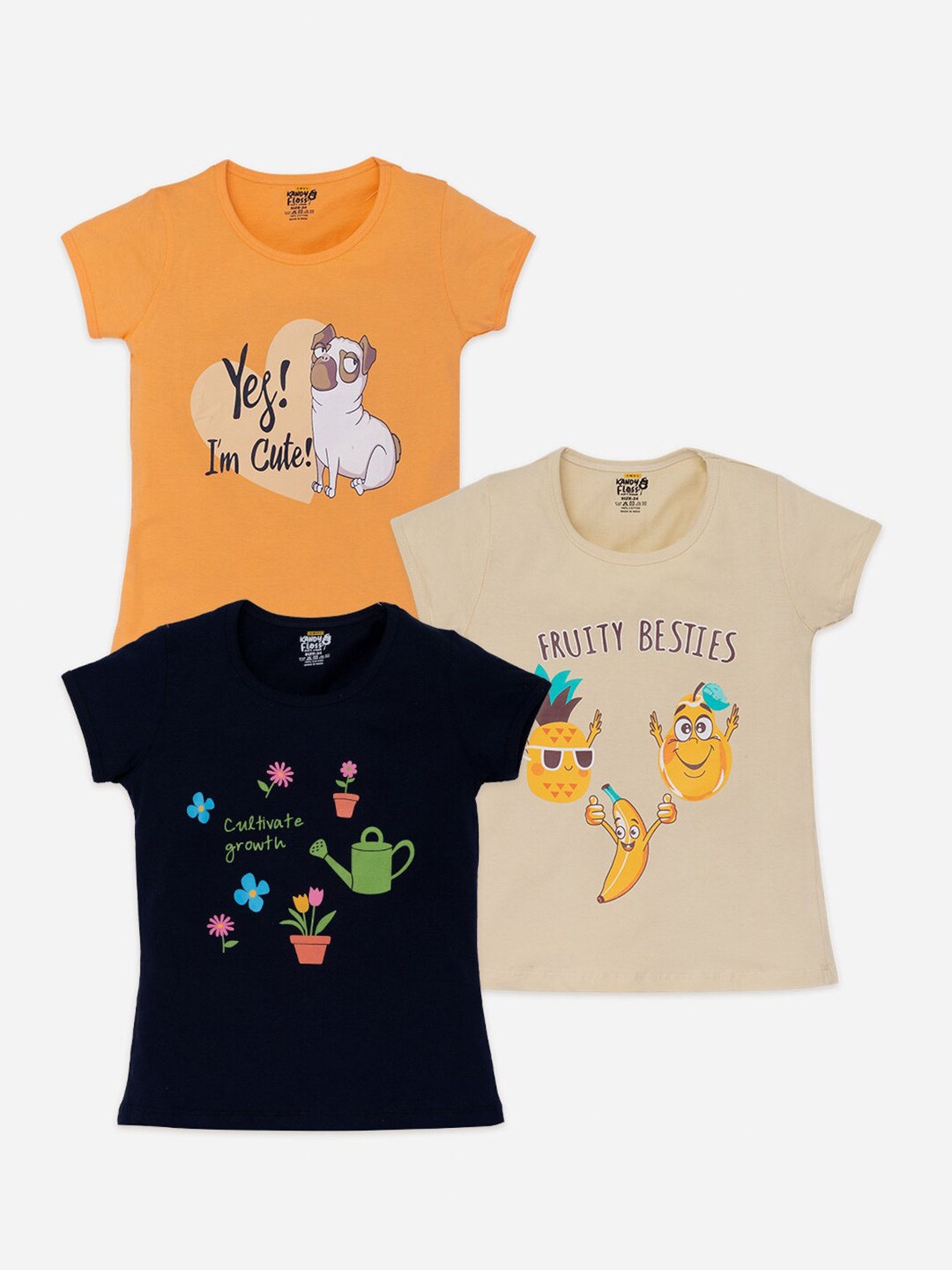 

AMUL Kandyfloss Girls Pack Of 3 Graphic Printed Pure Cotton T-shirt, Orange