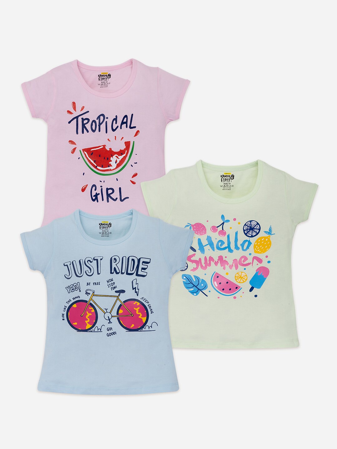 

AMUL Kandyfloss Girls Pack Of 3 Typography Printed Pure Cotton T-Shirt, Blue