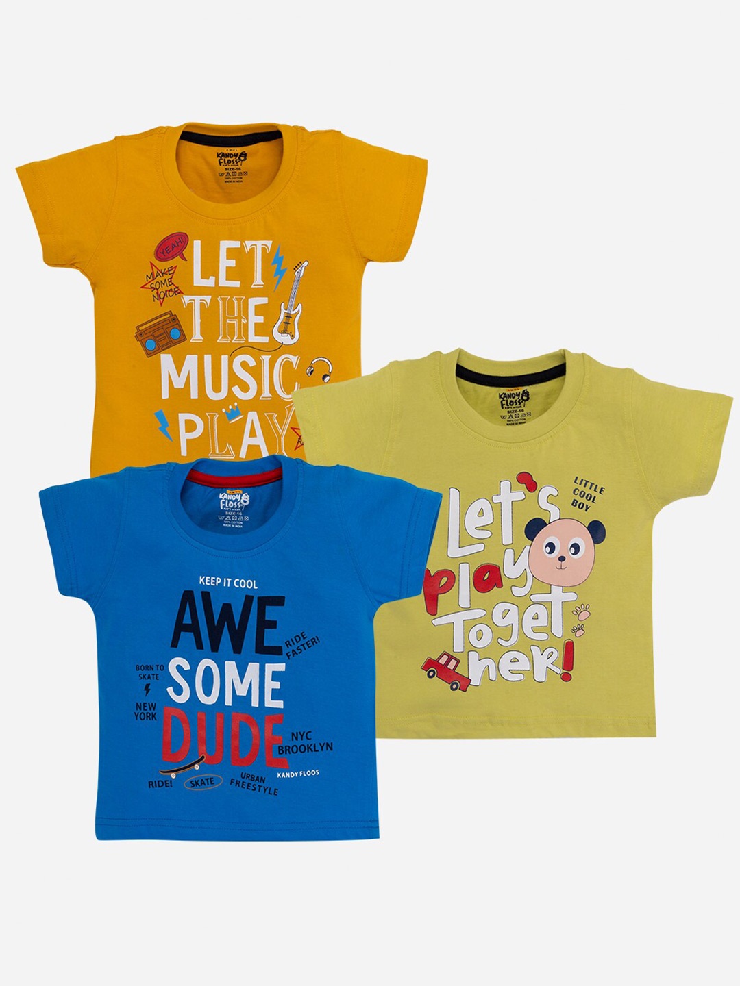 

AMUL Kandyfloss Boys Pack Of 3 Typography Printed Pure Cotton T-shirt, Blue