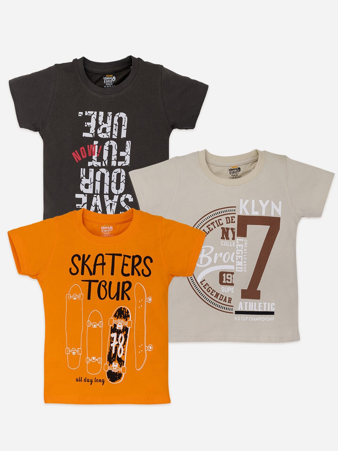

AMUL Kandyfloss Boys Pack Of 3 Typography Printed Pure Cotton T-Shirt, Orange