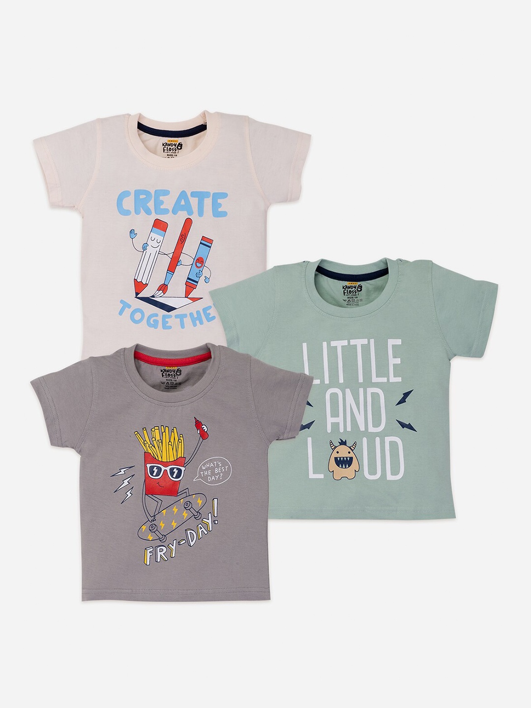 

AMUL Kandyfloss Boys Pack Of 3 Graphic Printed Pure Cotton T-shirt, Grey