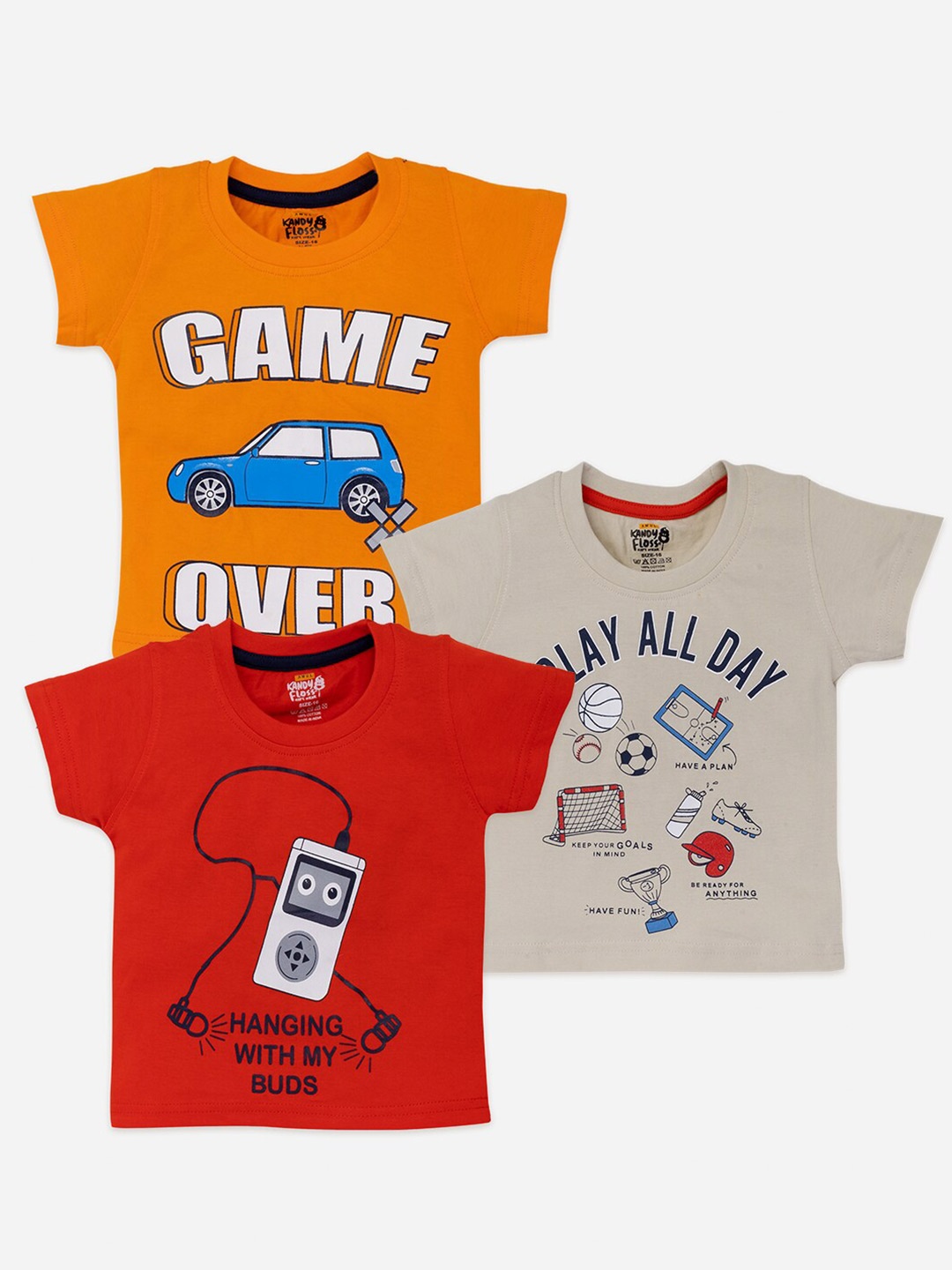 

AMUL Kandyfloss Boys Pack Of 3 Typography Printed Cotton T-shirt, Orange