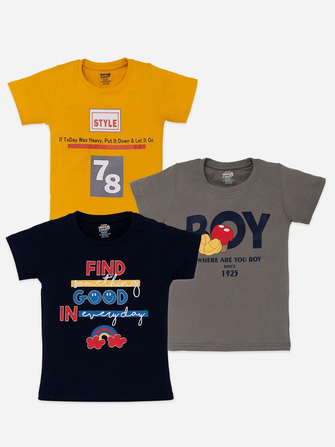 

AMUL Kandyfloss Boys Pack Of 3 Typography Printed Pure Cotton T-shirt, Black