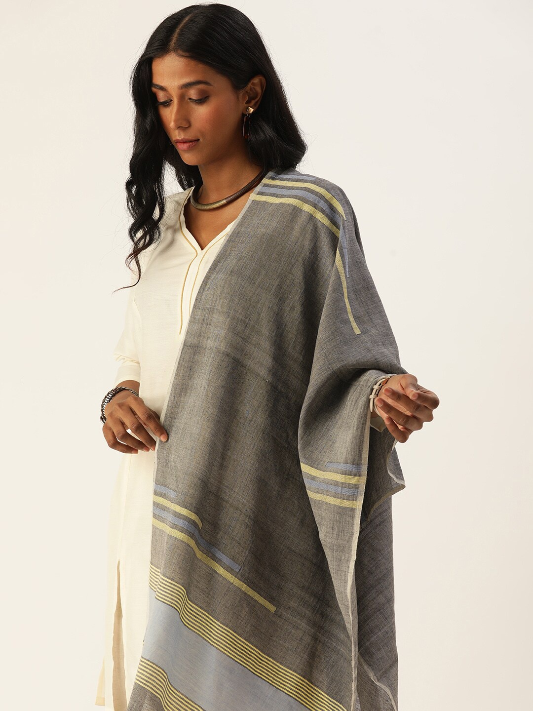 

ArtEastri Women Striped Woven Design Cotton Jamdani Stole, Grey