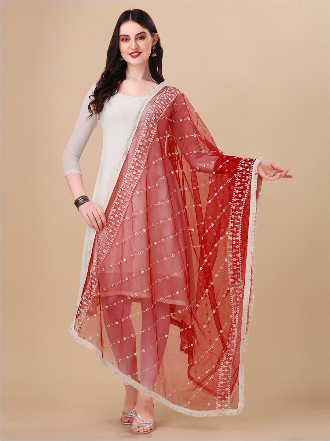 

ORUS Ethnic Motifs Embroidered Dupatta with Thread Work, Red